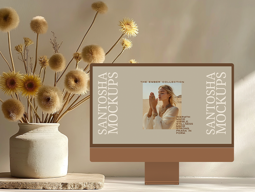 Studio Santosha Ember Collection iMac mockup displayed on a wooden block, styled with a ceramic vase filled with dried flowers against a neutral backdrop.