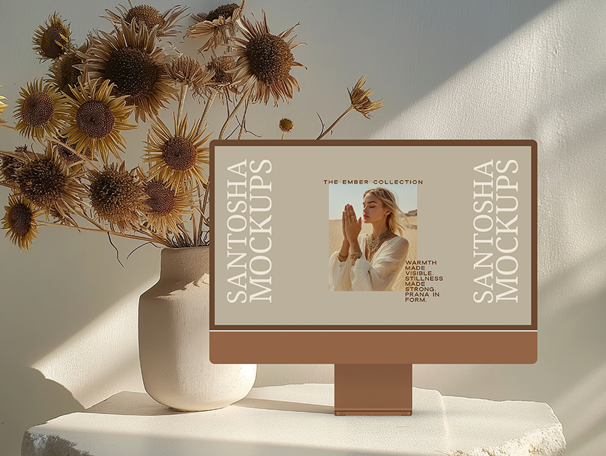 Soft light iMac mockup near ceramic vase and florals, from the EMBER Collection.