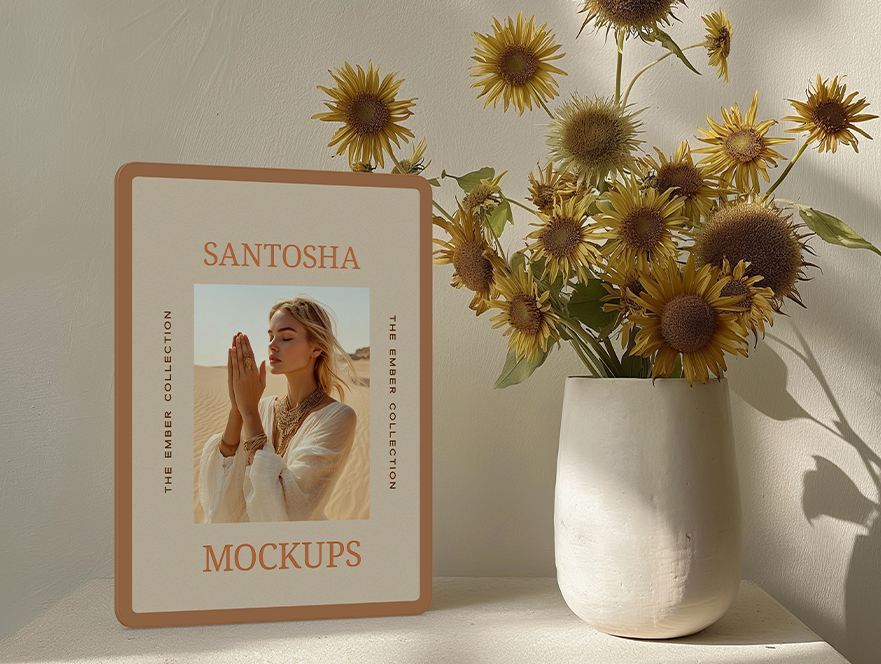 iPad and card upright mockup in golden hour tones with minimal styling, from the EMBER Collection