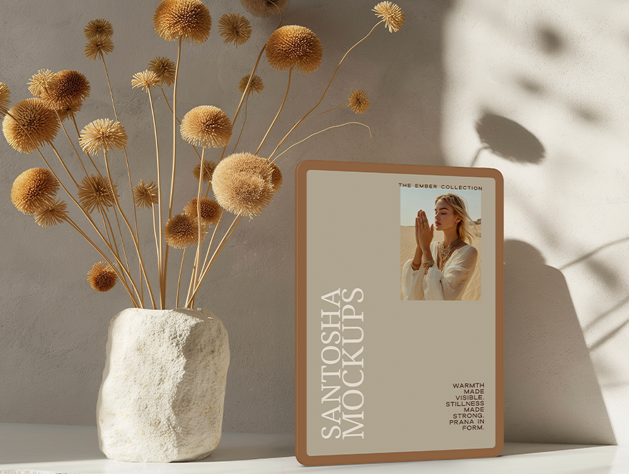 Neutral-toned card mockup against a stone wall with soft vase styling, from the EMBER Collection