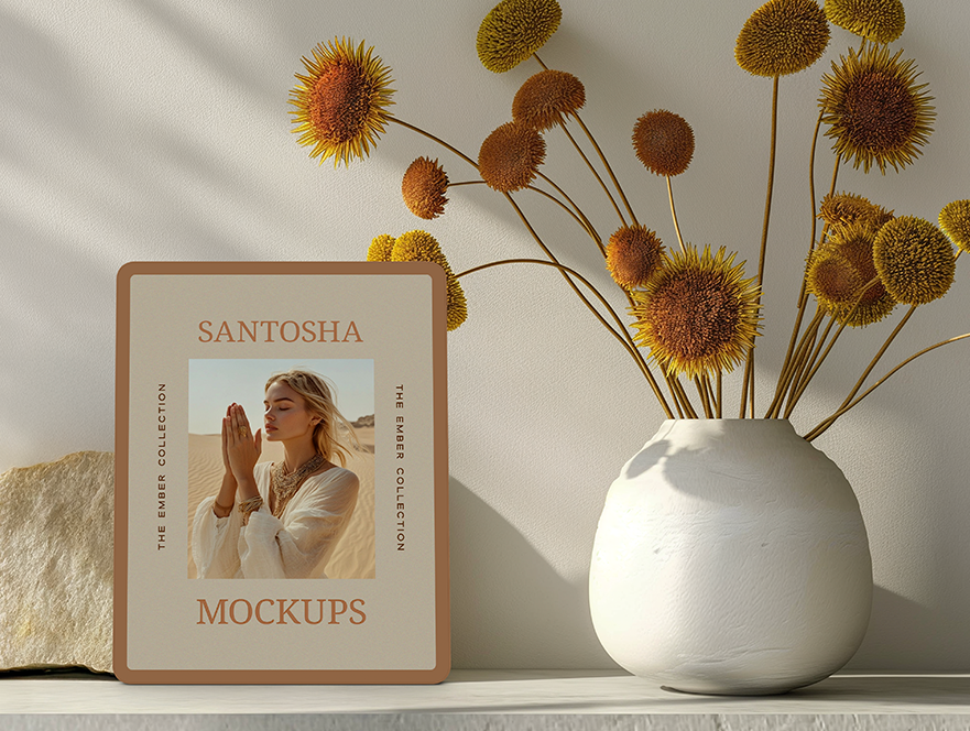iPad mockup with daisy bouquet and deep shadows on neutral backdrop, from the EMBER Collection