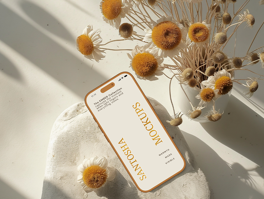 Studio Santosha Ember Collection iPhone mockup placed on a textured stone with dried golden flowers, styled in soft daylight on a neutral surface.