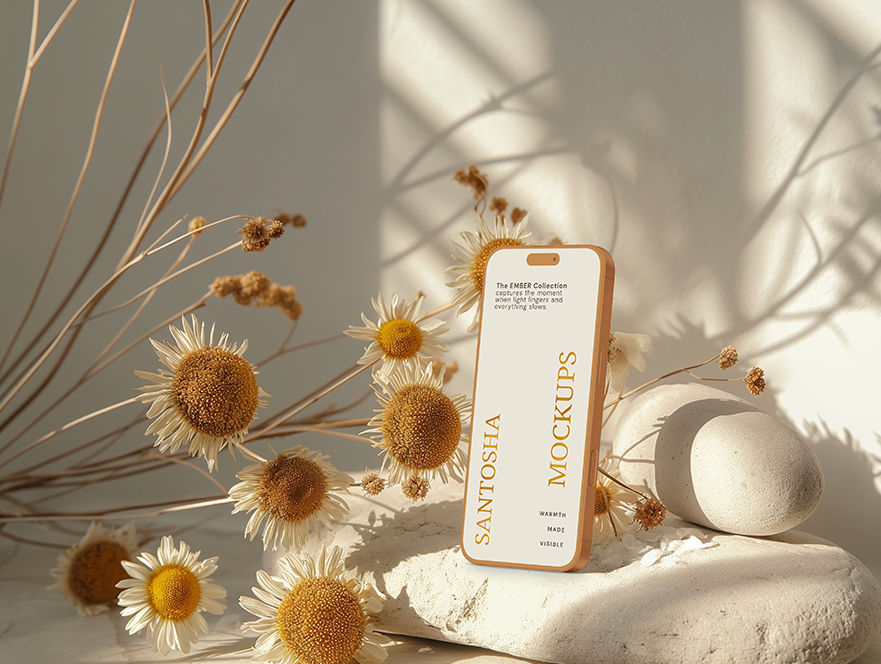 iPhone mockup upright with organic elements and soft shade, from the EMBER Collection.