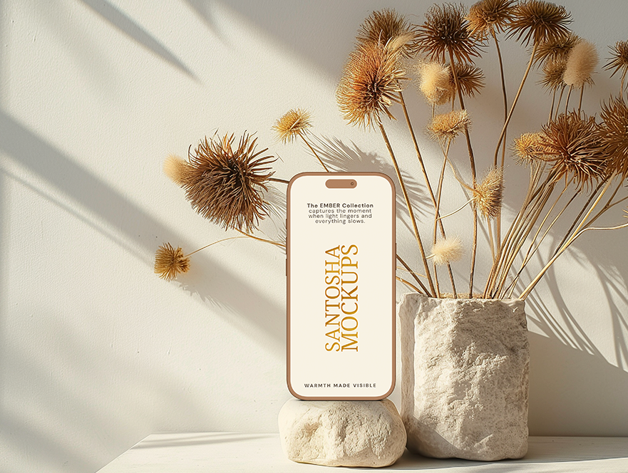 iPhone on sculptural rock with warm late afternoon shadow, from the EMBER Collection
