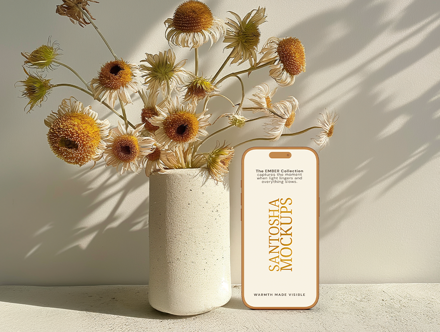 Card upright in vase with golden daisies and ambient shadowing, from the EMBER Collection