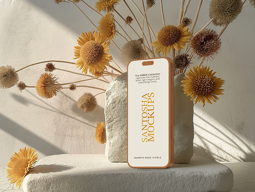 iPhone leaning against vase with sculptural floral shadows and soft light, from the EMBER Collection