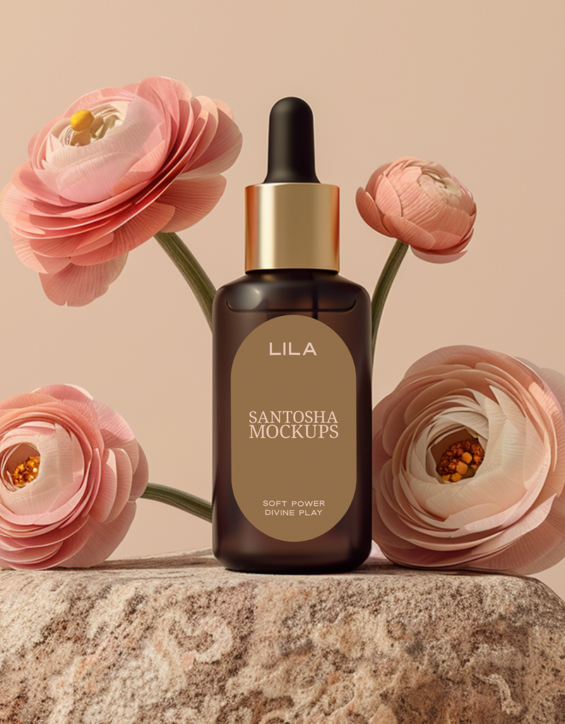 Beauty bottle mockup from the LILA Collection by Studio Santosha, styled with sculptural florals and soft natural stone embodying soft power and divine play.