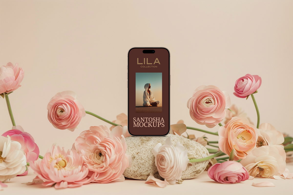 iPhone mockup from the LILA Collection by Studio Santosha, styled with soft pink florals and natural stone on a beige background, evoking soft power and divine play.