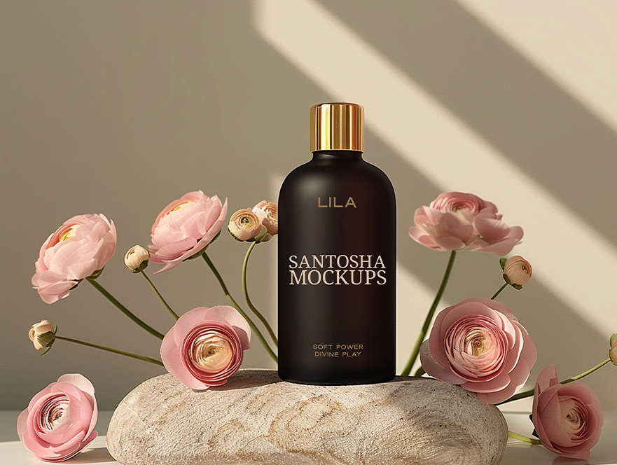 Stone surface beauty bottle mockup with card and light, blush styling, from the LILA Collection.