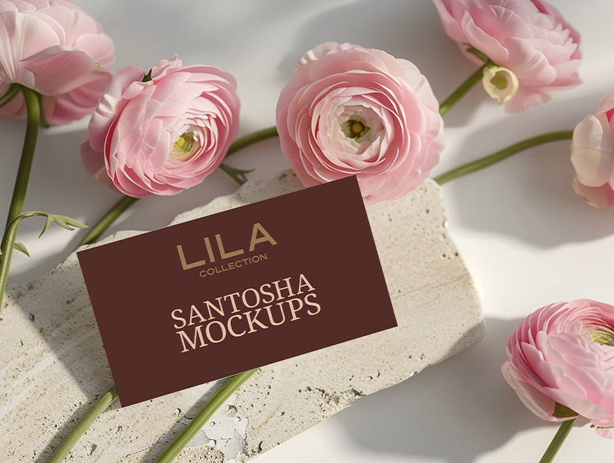 Card and ranunculus flower duo in minimal pink aesthetic, from the Studio Santosha LILA Collection