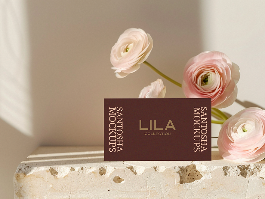 Business Card mockup styled on background with ranunculus and petal scatter, from the LILA Collection.