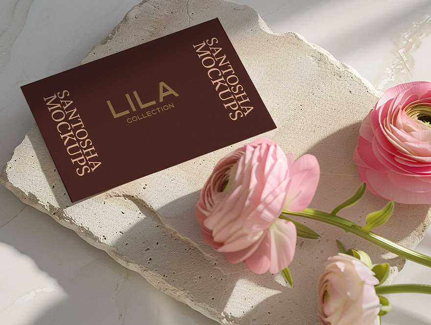 Rich red packaging business card mockup with petal textures and velvet shadows, from the LILA Collection