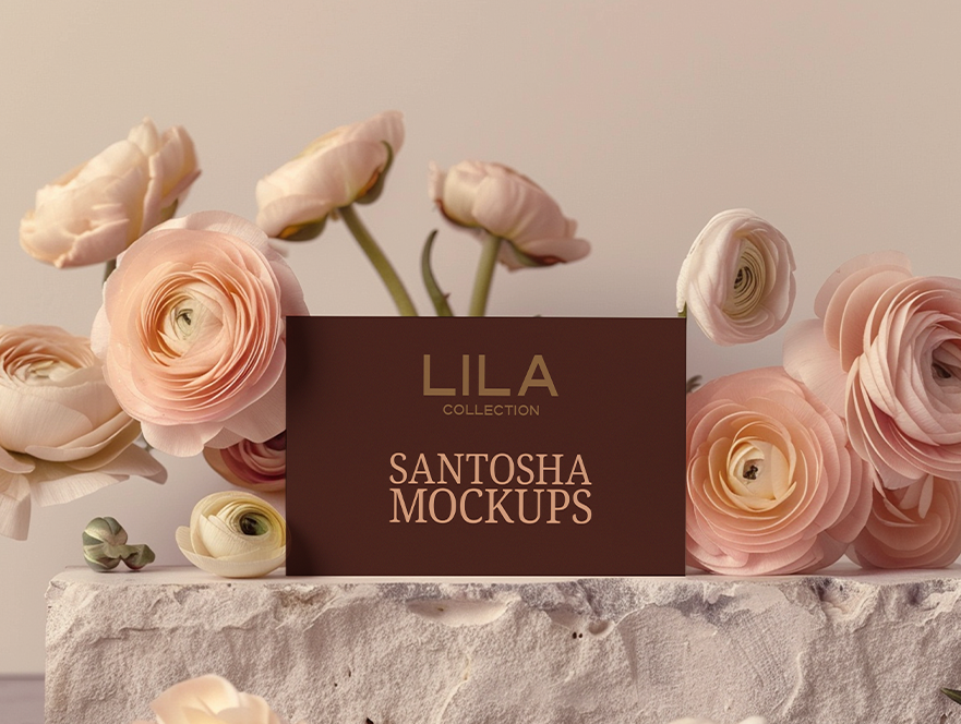 Business card mockup with pink flowers and minimal backdrop, from the LILA Collection