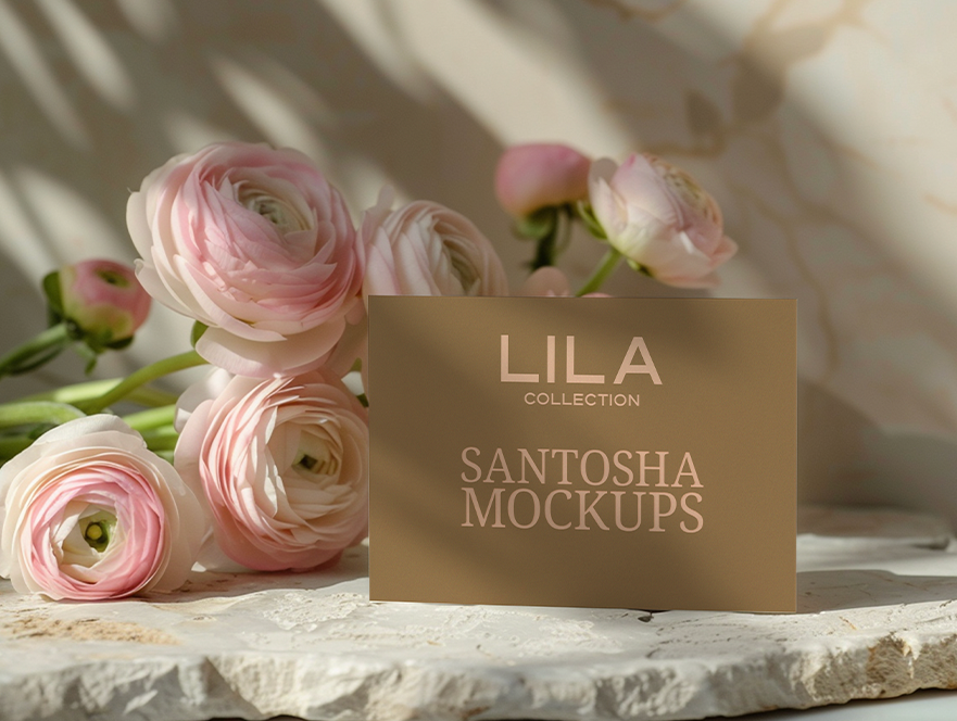 Business card mockup styled in soft velvet and floral hues, from the Studio Santosha LILA Collection