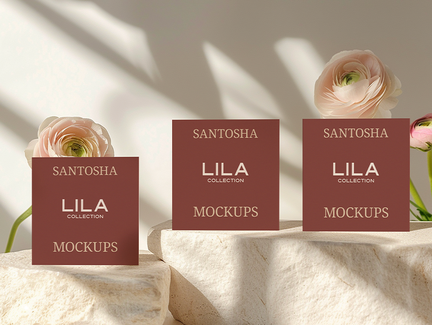 Neutral beige and terracotta-toned card trio, elevated with soft floral shadowing, from the LILA Collection