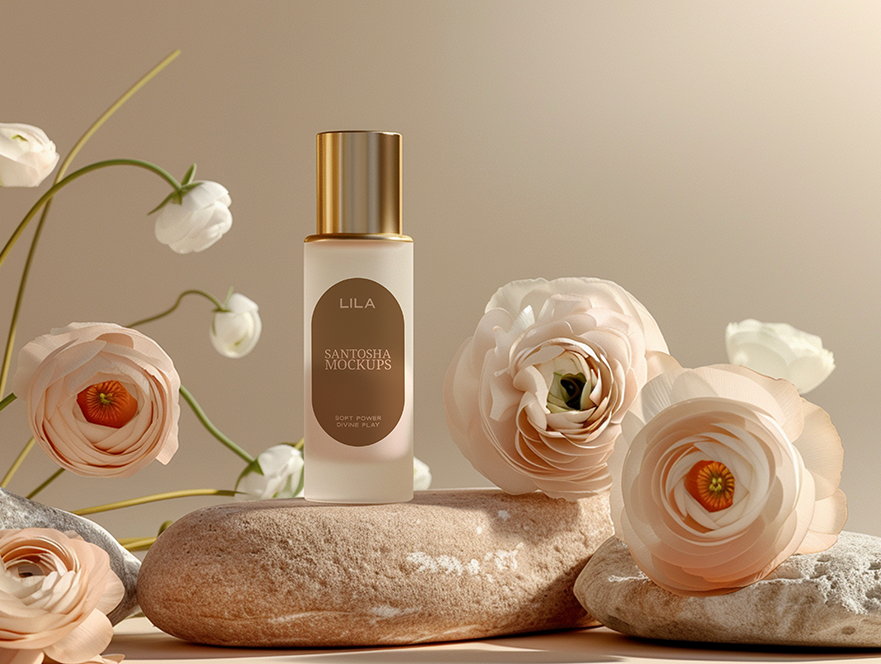 Beauty bottle and soft florals with warm shadows and peach-toned light, from the Studio Santosha LILA Collection