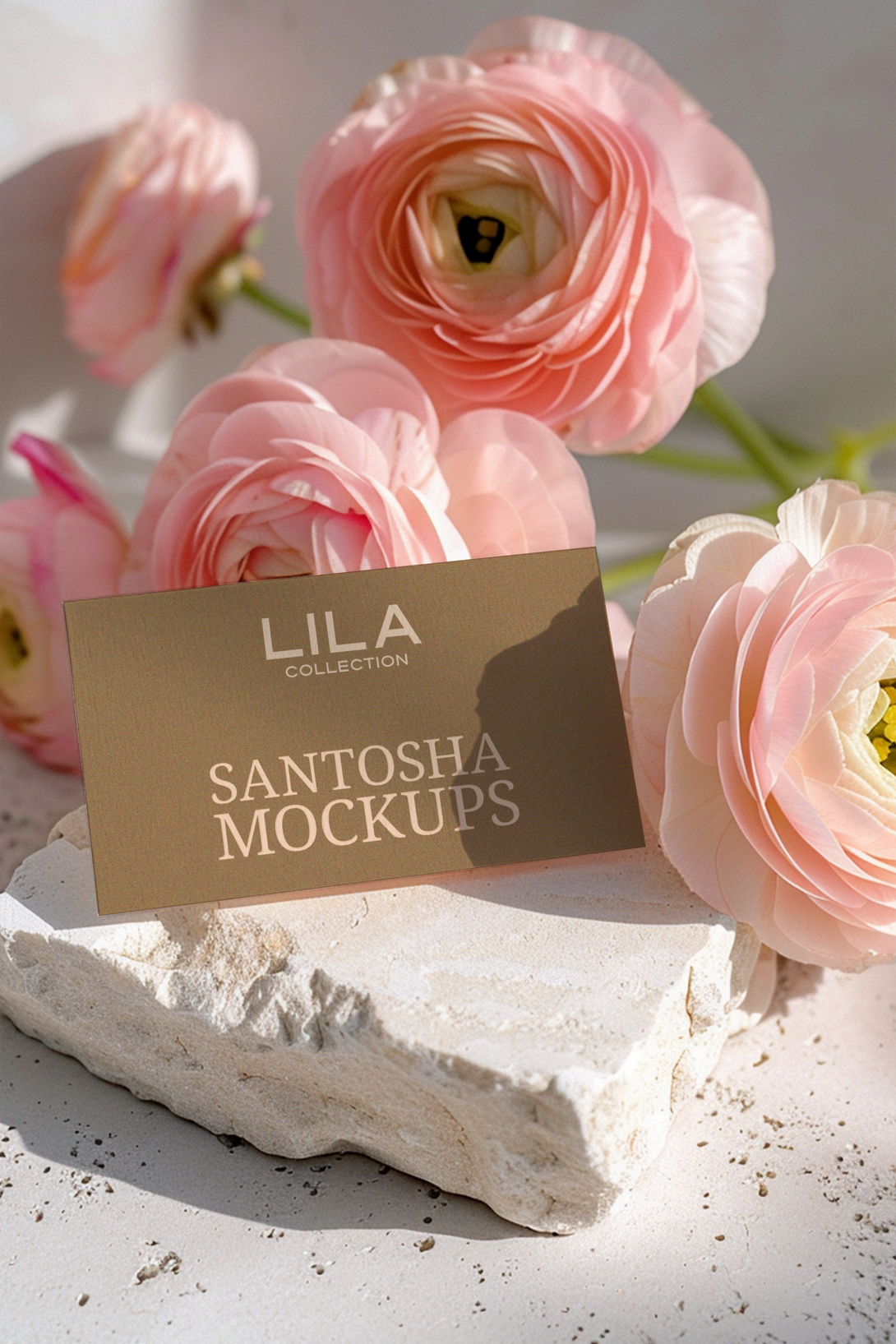 Single card business card 
mockup on textured stone and soft blush fabric, from the LILA Collection