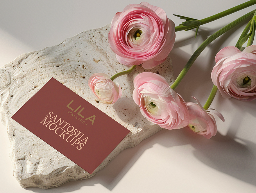 Flatlay business card mockup with ranunculus flowers and light shadows, from the Studio Santosha LILA Collection