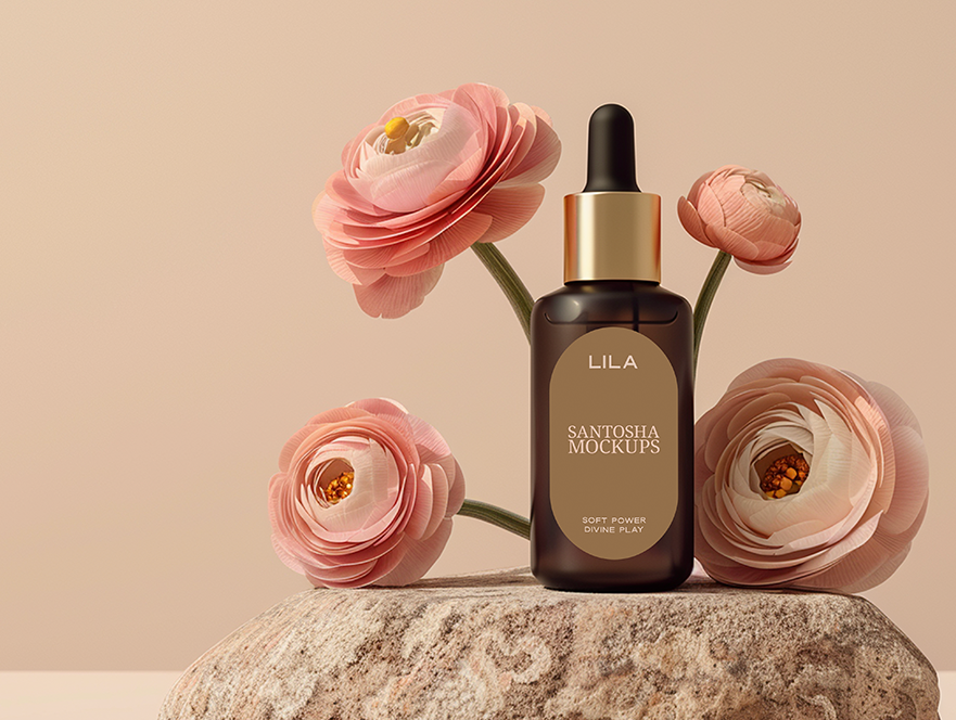Glass bottle mockup with ranunculus flowers and peach backdrop, from the Studio Santosha LILA Collection