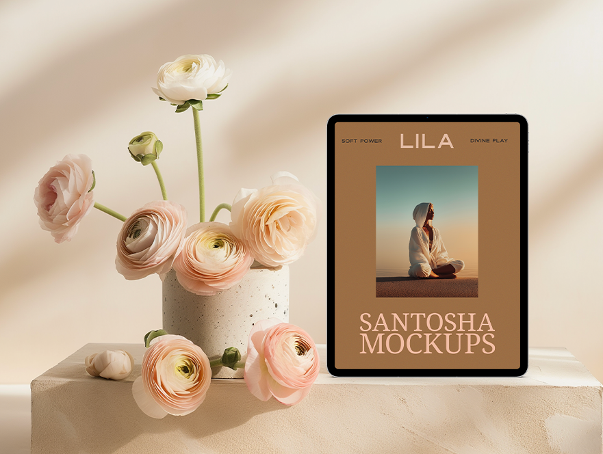 iPad mockup upright with bouquet of pink flowers and minimal backdrop, from the LILA Collection