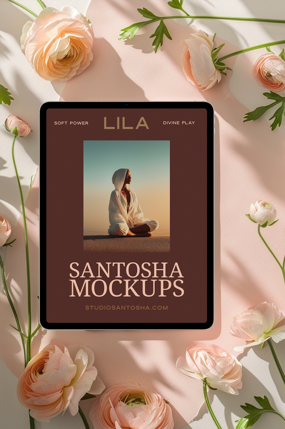 iPad upright mockup styled in deep red and petal pink with floral accents, from the LILA Collection