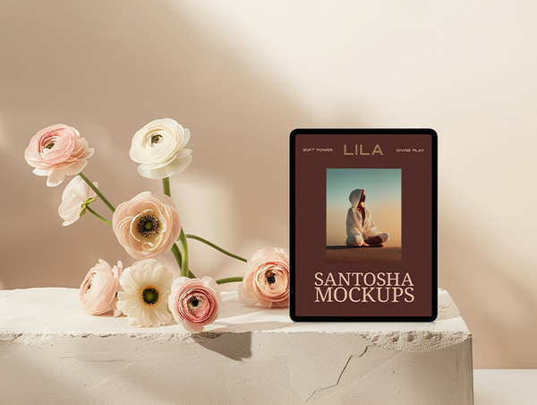 iPad upright mockup with deep rose tones and romantic styling, from the Studio Santosha LILA Collection
