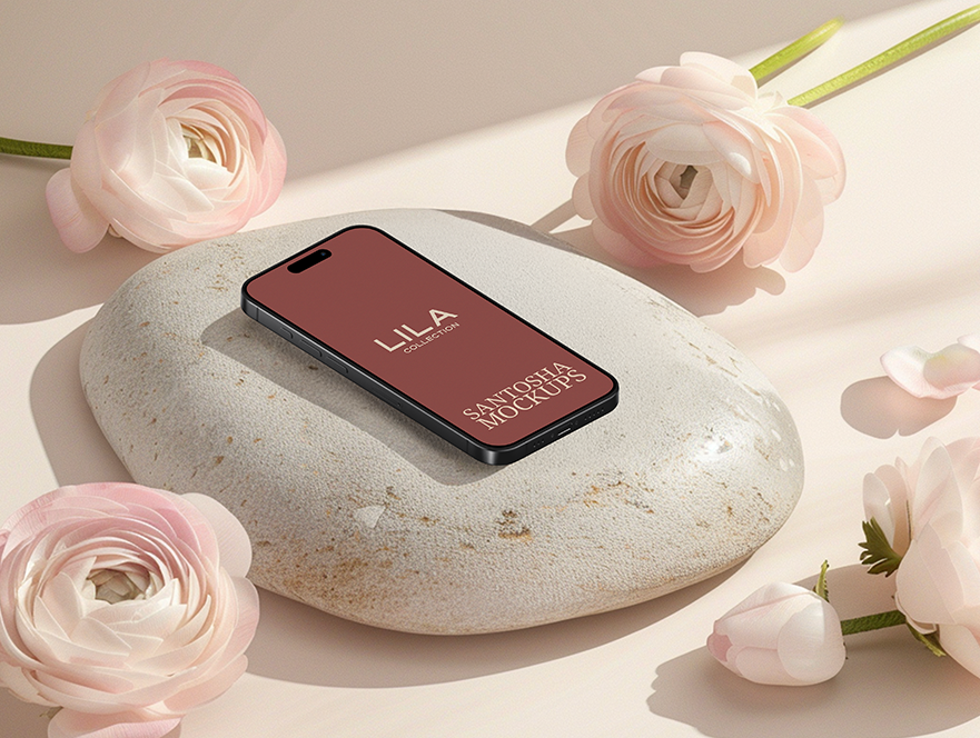 iPhone mockup with soft pink blooms and clean minimal shadows, from the LILA Collection