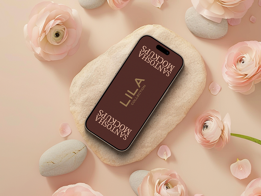 iPhone mockup styled on neutral tone with floral accents, from the LILA Collection