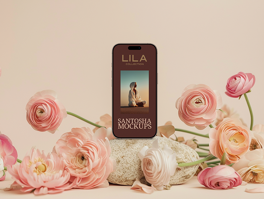 iPhone mockup flatlay among floral props and blush tones, from the LILA Collection