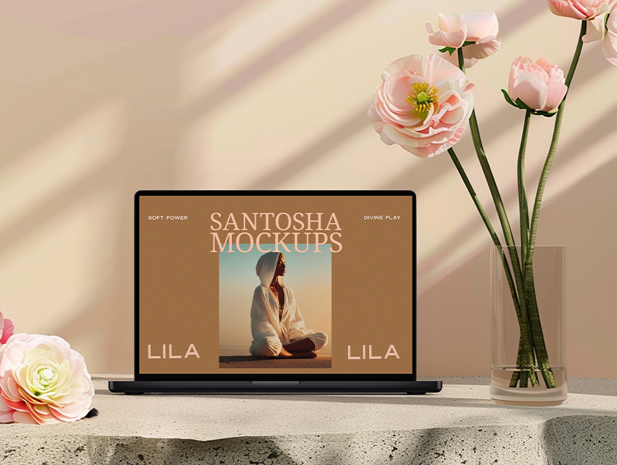 Macbook Pro mockup with neutral backlighting and scattered blooms, from the Studio Santosha LILA Collection