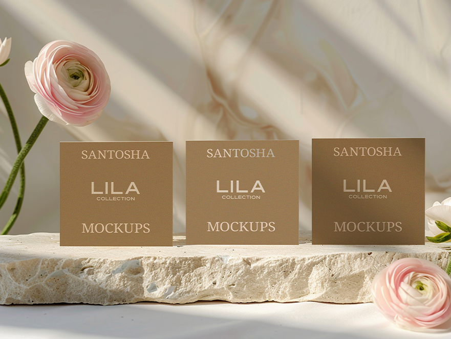 Triple card mockup layout with soft shadows and romantic lighting, from the Studio Santosha LILA Collection