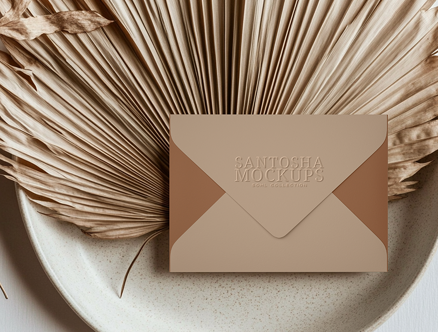 Envelope mockup from the SOHL Collection by Studio Santosha — beige embossed envelope displayed on a ceramic plate with dried palm fronds in a neutral, sunlit setting.