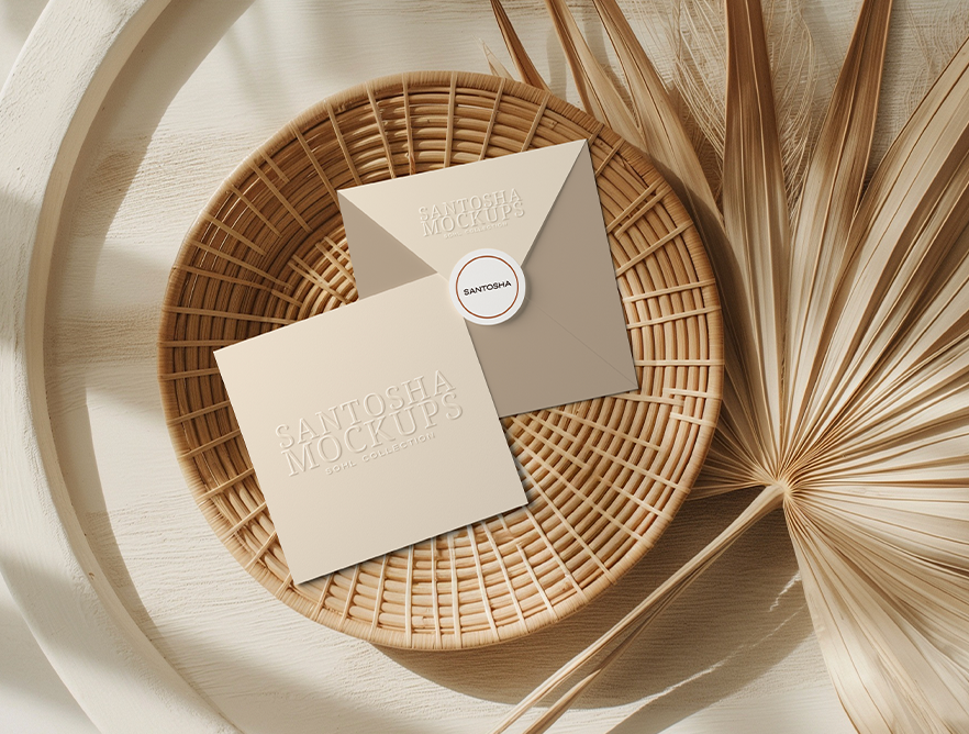 Envelope and square card mockup from the SOHL Collection by Studio Santosha, styled on a woven rattan plate with dried palm leaves and soft natural light.