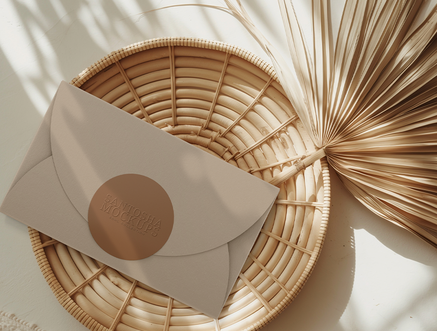 Premium envelope mockup from the SOHL Collection by Studio Santosha — styled with a round seal, placed on a woven rattan plate alongside dried palm textures and soft sunlight.