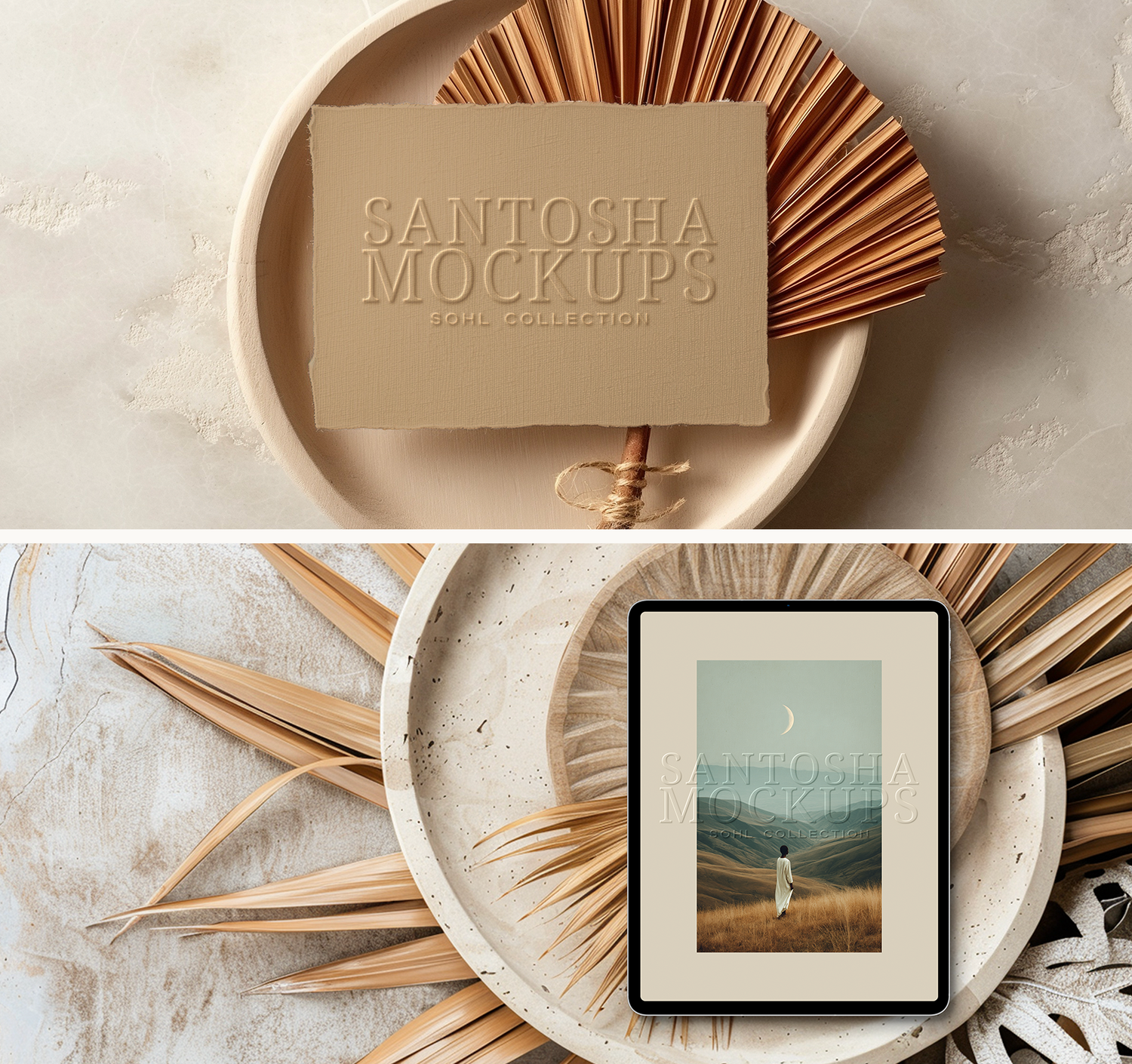 Studio Santosha homepage visual featuring SOHL Collection mockups, an embossed beige card and an iPad frame styled on textured stone plates with dried palm leaves and soft neutral tones.