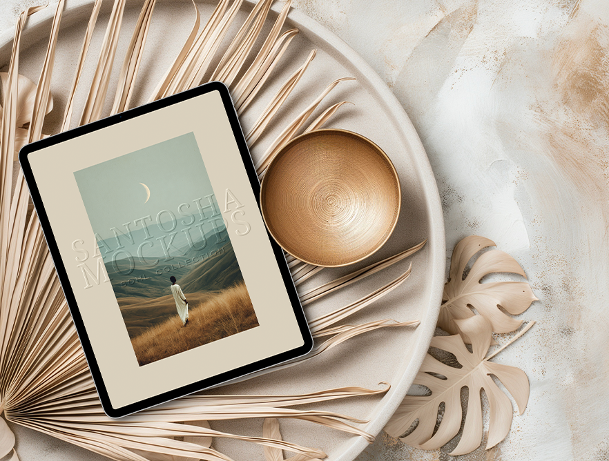 iPad mockup from the SOHL Collection by Studio Santosha — digital artwork displayed on a tablet resting on a round plate, styled with dried palm leaves and a small golden bowl on a textured surface