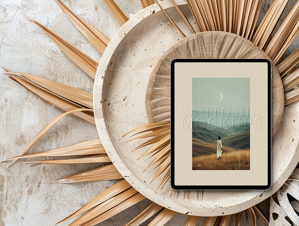 iPad mockup from the SOHL Collection by Studio Santosha — tablet displaying artwork placed on a textured stone plate, surrounded by rattan-style palm fronds and warm natural shadows.