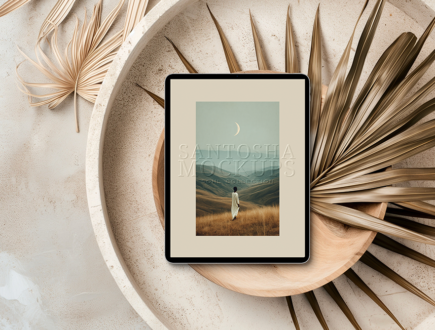 iPad mockup from the SOHL Collection by Studio Santosha — tablet displayed on a round clay plate with dried palm fronds, styled in soft natural light.