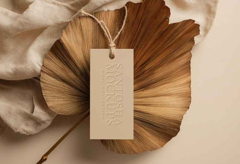 Tag mockup from the SOHL Collection by Studio Santosha, styled on a dried palm leaf with soft beige fabric for a natural, earthy aesthetic.