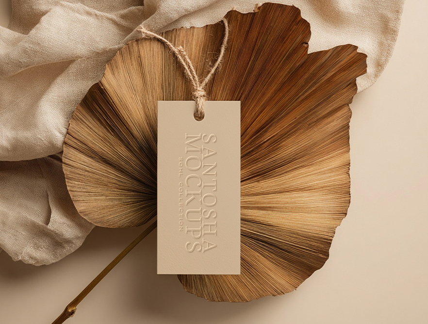 Studio Santosha SOHL Collection hangtag mockup with rope tie, styled on a dried palm leaf and soft beige fabric background.
